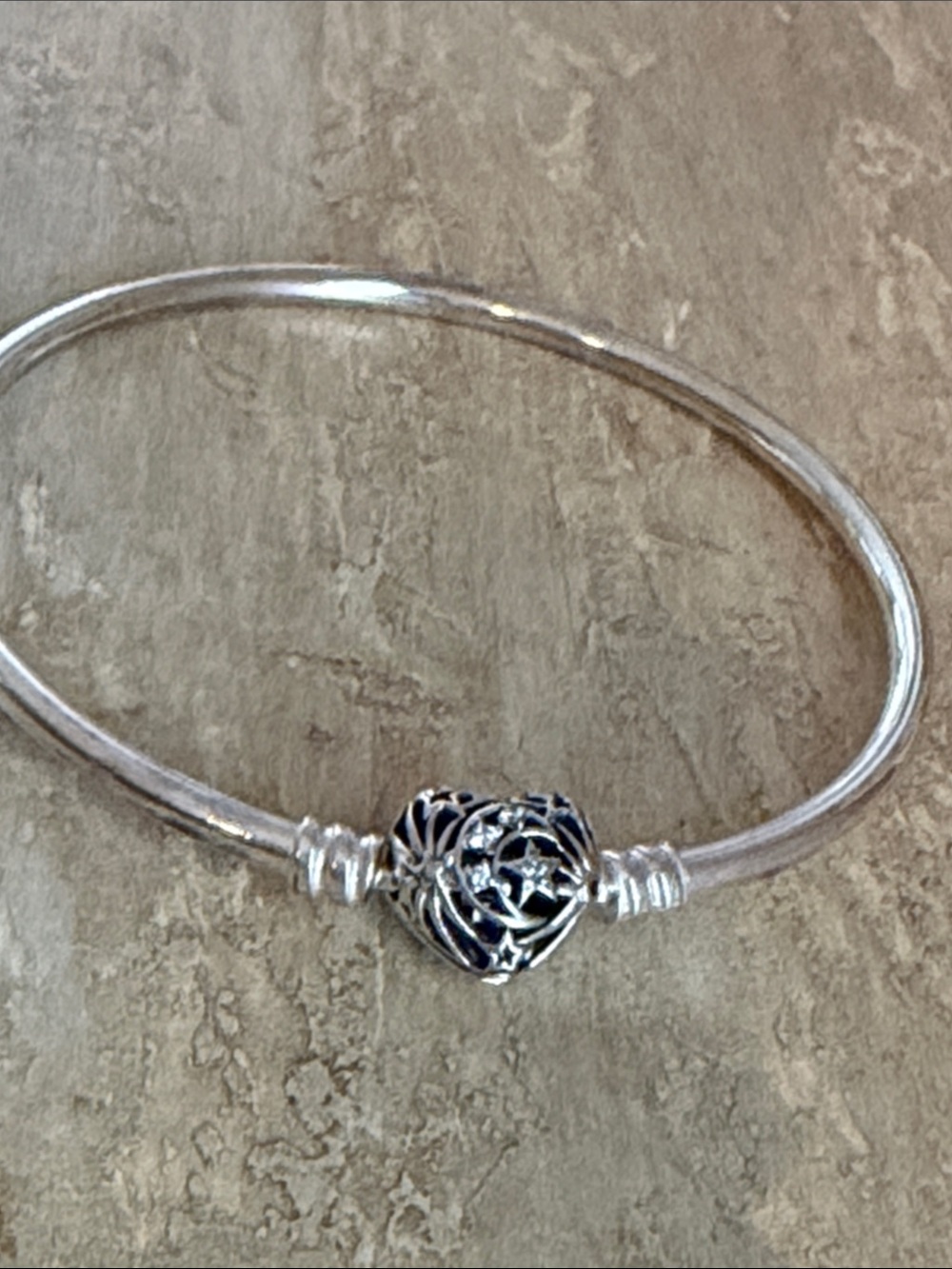 Pandora Sterling Silver Heart Charm Bangle - Silver